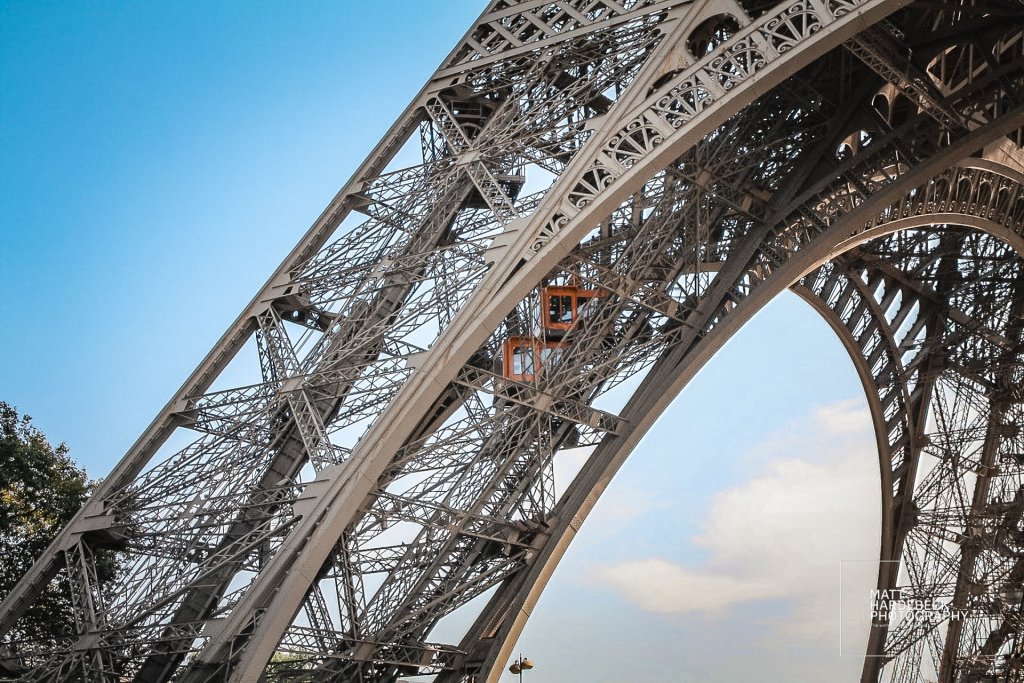 Close detail with elevator of the Eiffel Tower