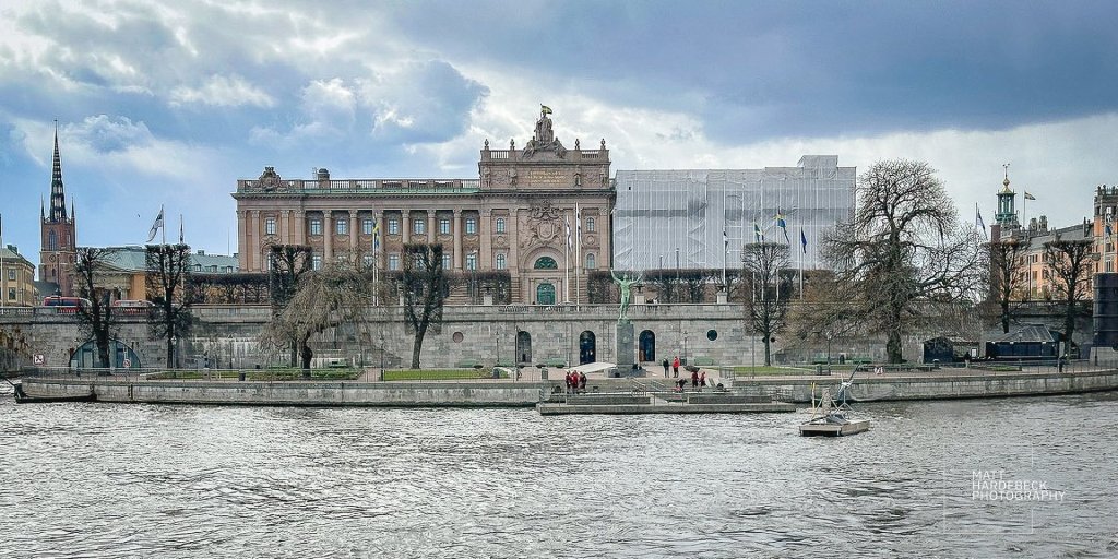Panoramic view of the Royal Palace in Stockholm from across the river