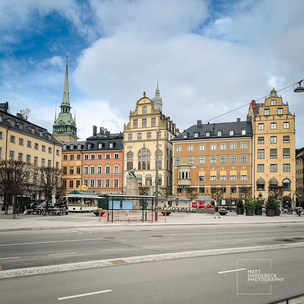Wide-angle view of Old Town with classic Stockholm facades