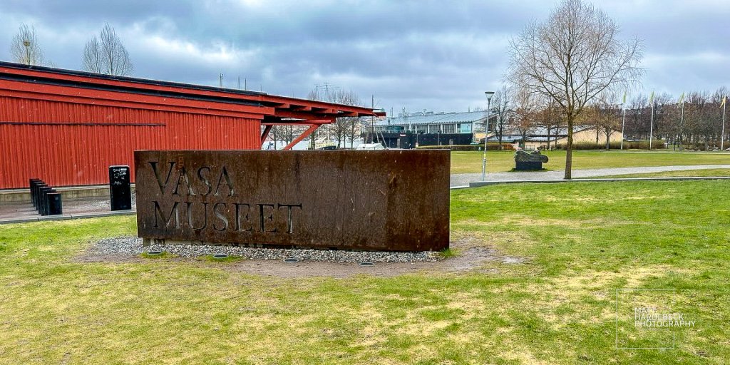 Vasa Museum entrance sign with bold weathered metal lettering