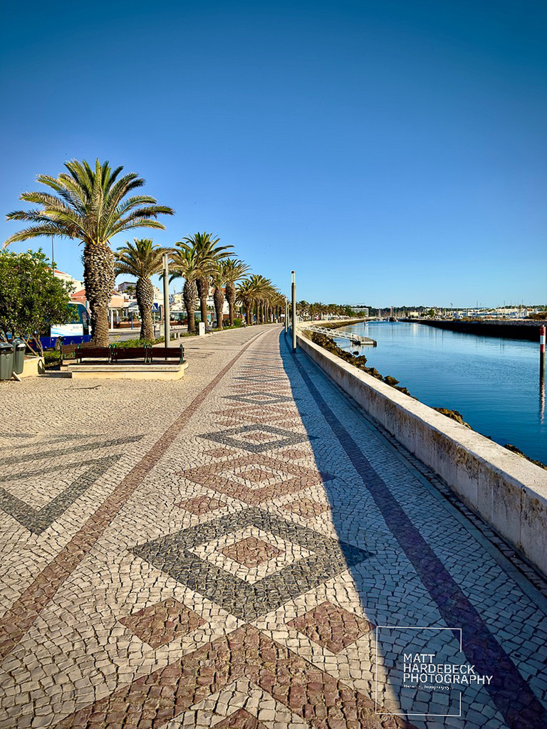 Palm-lined walkway along the Lagos waterfront with the marina visible in the distance.