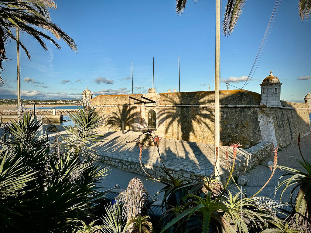 View of the 17th-century Forte da Ponta da Bandeira, framed by tropical plants and palm shadows.