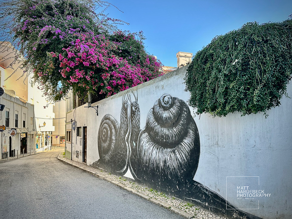 Street mural of two snails beneath vibrant bougainvillea in Lagos, Portugal.