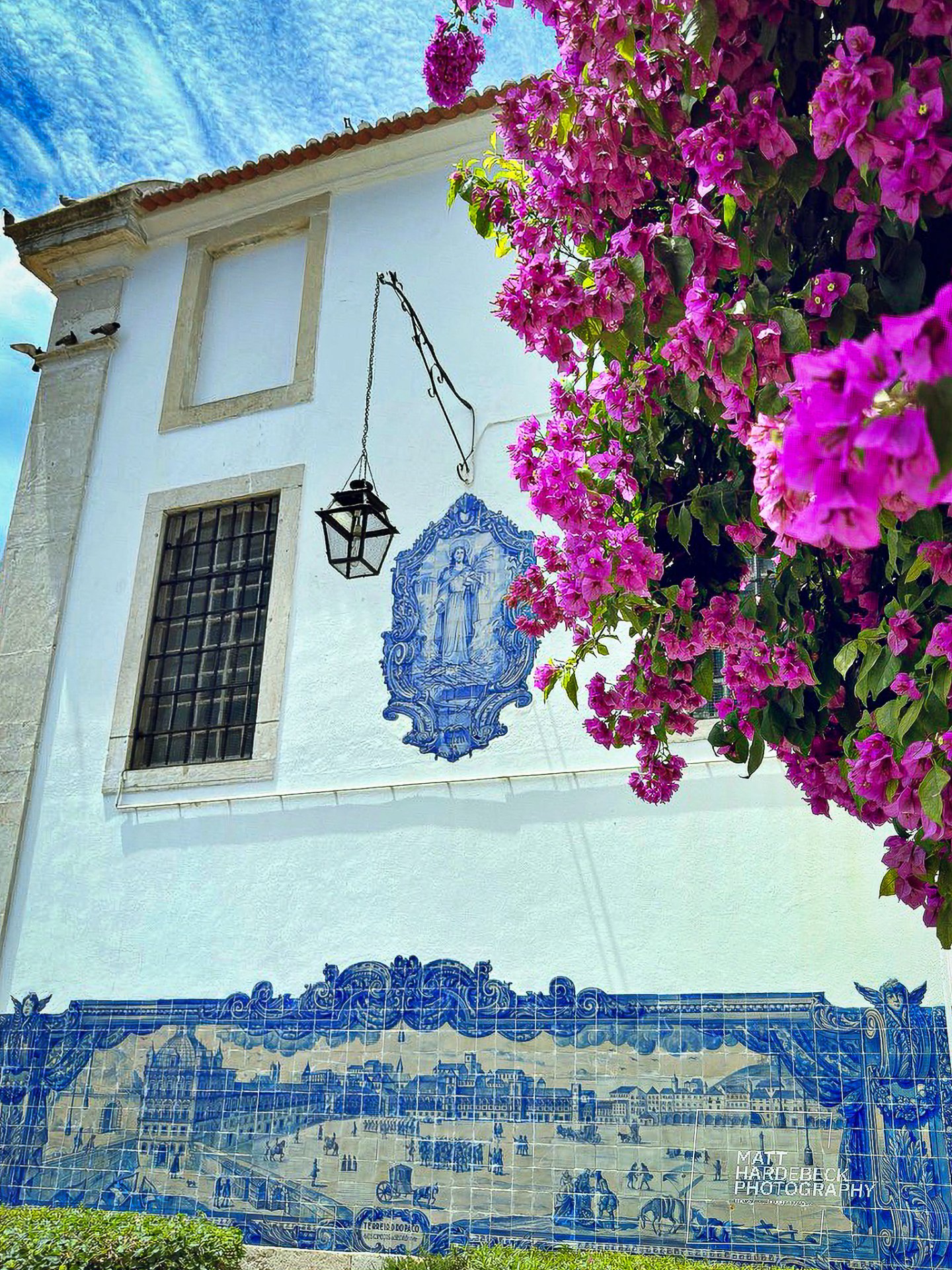 Blue-and-white azulejo tiles on a whitewashed wall with vibrant pink bougainvillea in Lisbon.