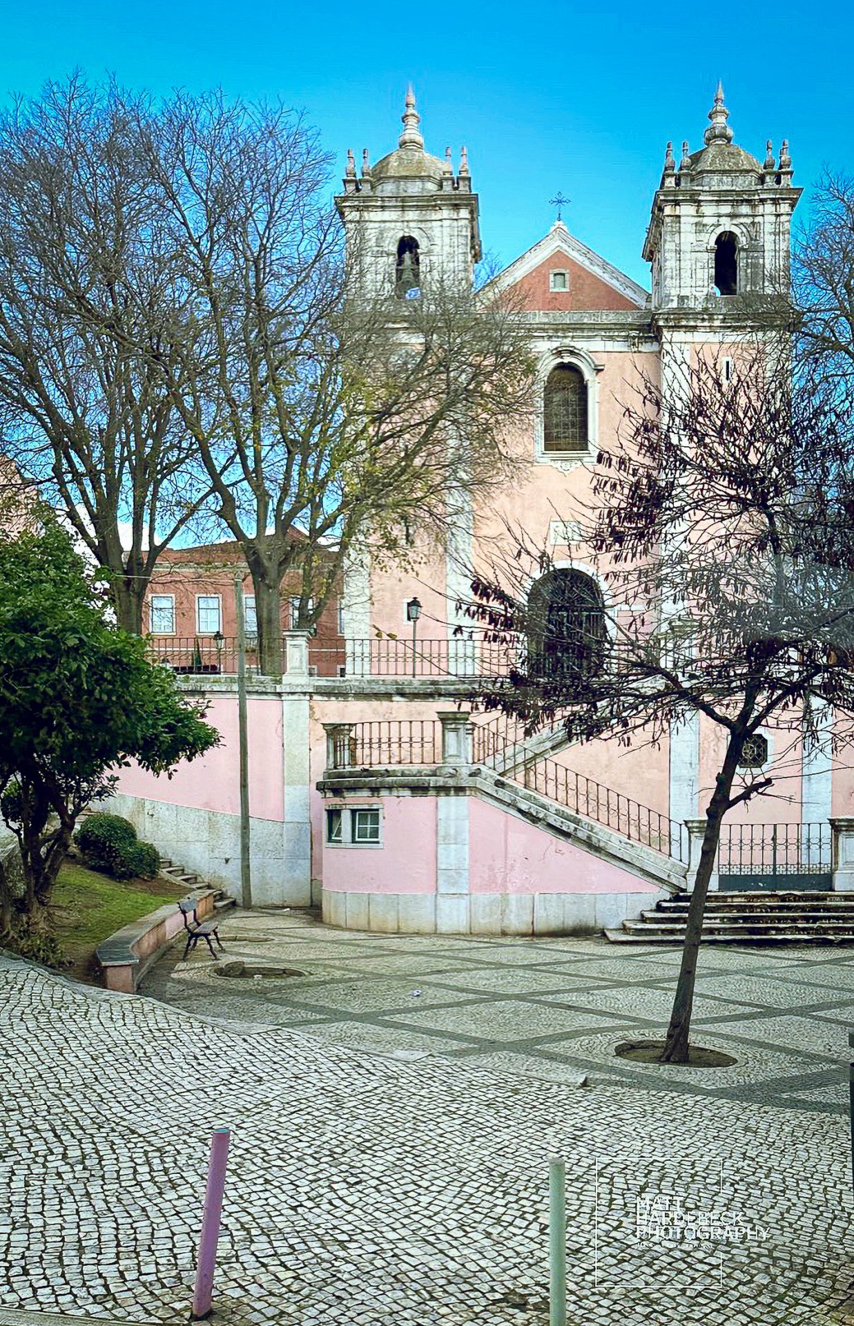 Pink façade of the Church of São Vicente de Fora framed by winter trees.