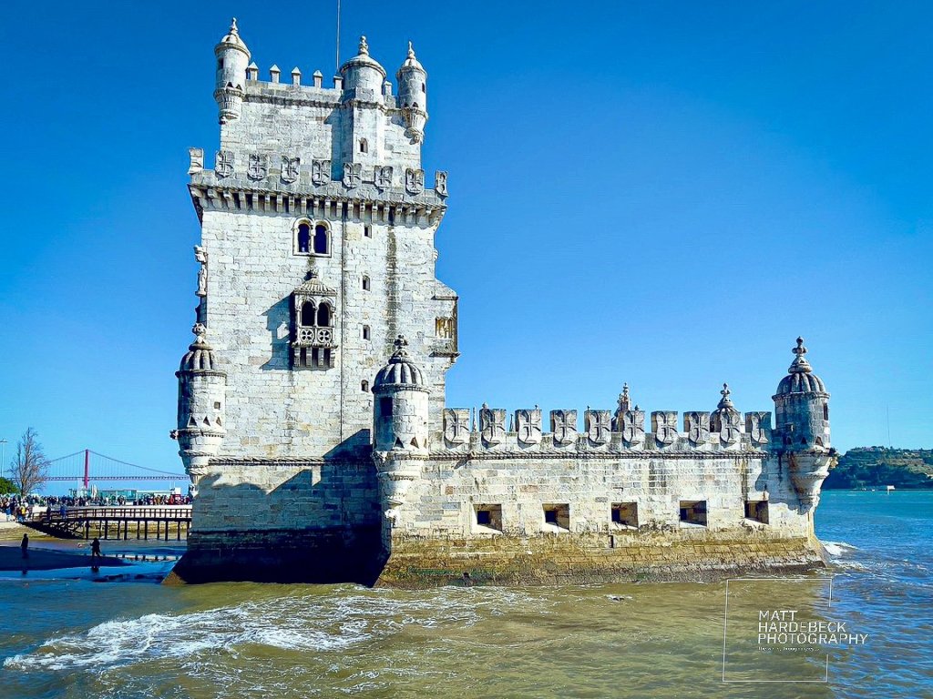 Belém Tower, a 16th-century fortress in Lisbon, Portugal, standing in the Tagus River.