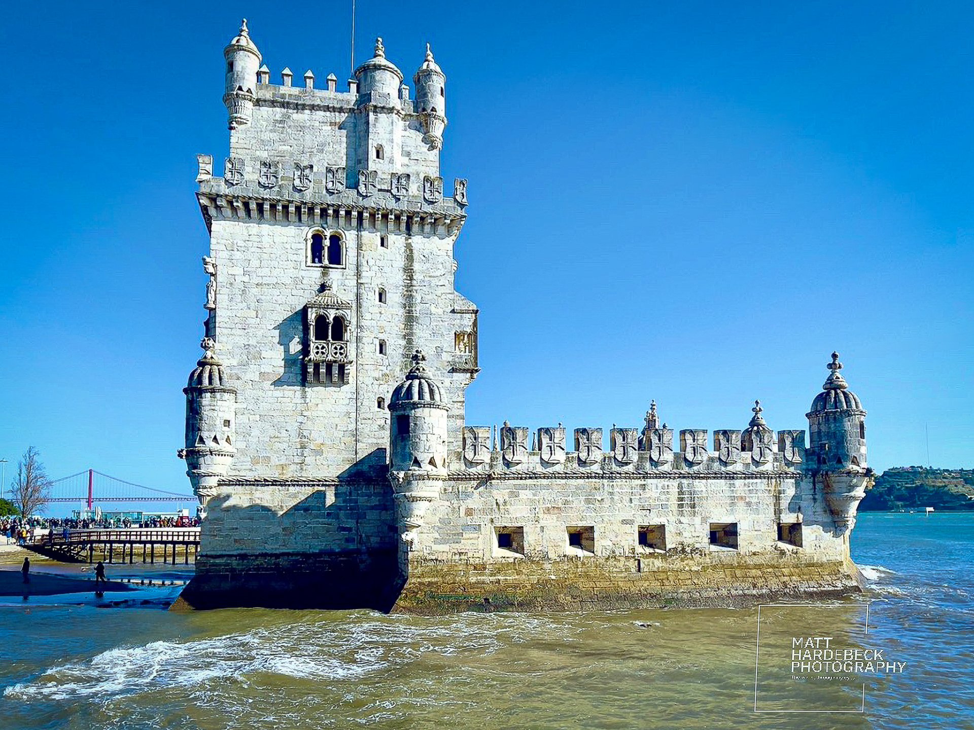 Belém Tower, a 16th-century fortress in Lisbon, Portugal, standing in the Tagus River.