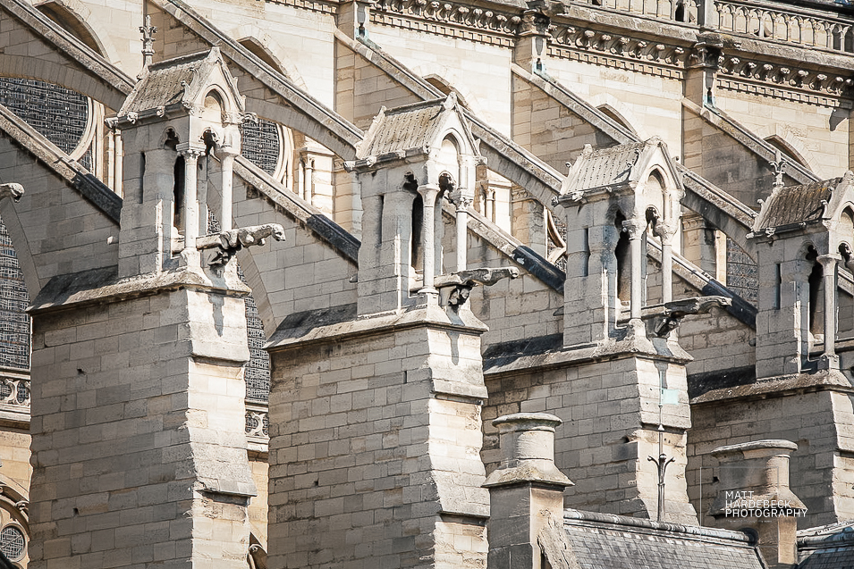 Flying buttresses along the exterior of Notre Dame Cathedral.