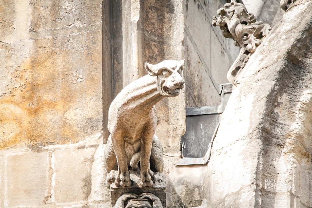 Stone gargoyle perched on the exterior of Notre-Dame Cathedral, designed as a rainwater spout.