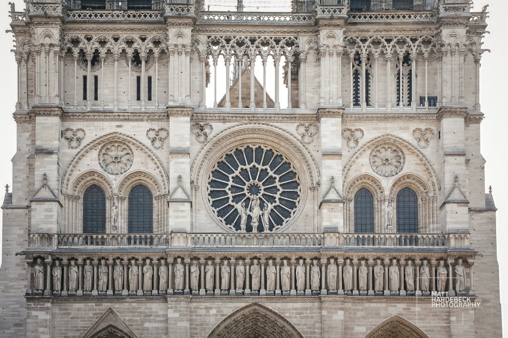 Central rose window and Gallery of Kings on the western façade of Notre-Dame Cathedral.