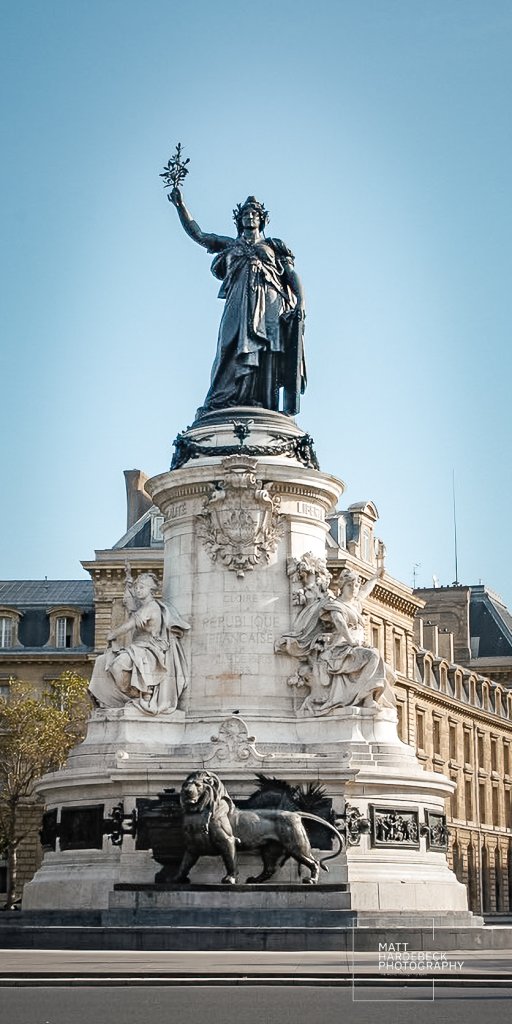 Statue of Marianne atop the Monument de la République in Place de la République, Paris.