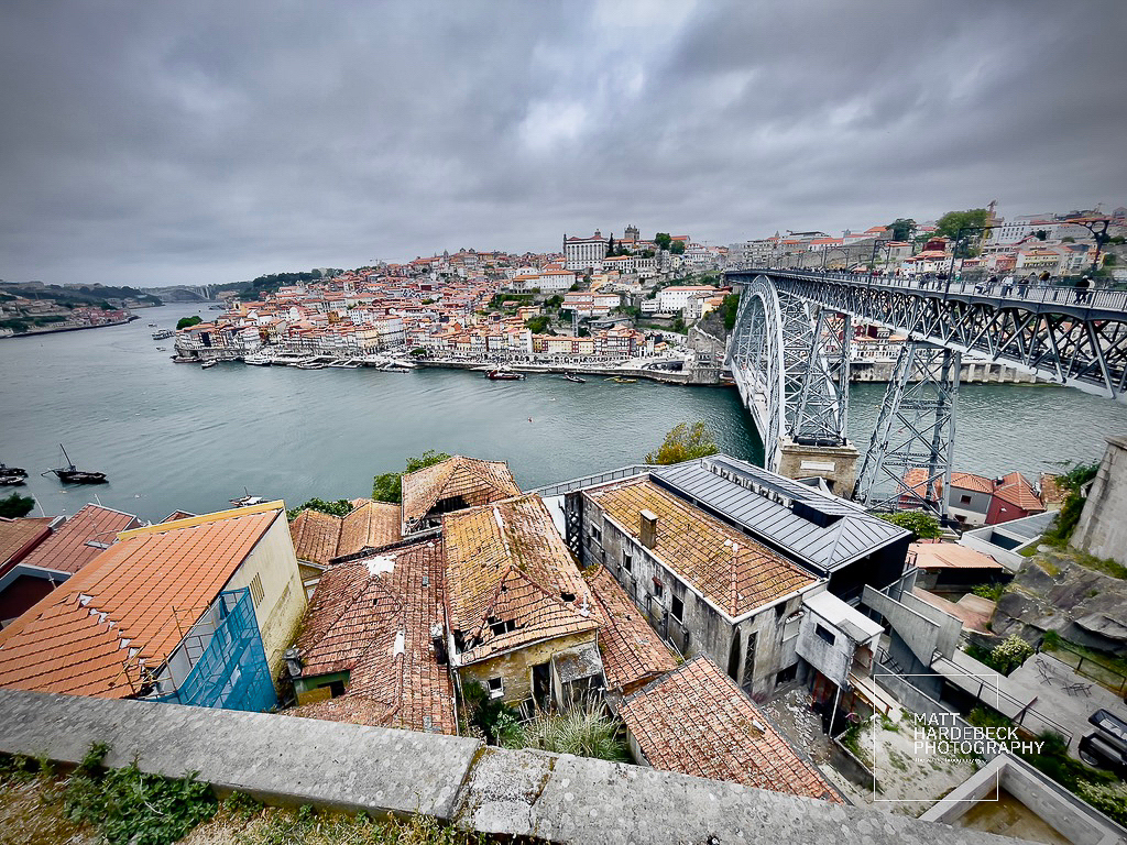 Panoramic view of Porto’s Ribeira district and the Dom Luís I Bridge over the Douro River.