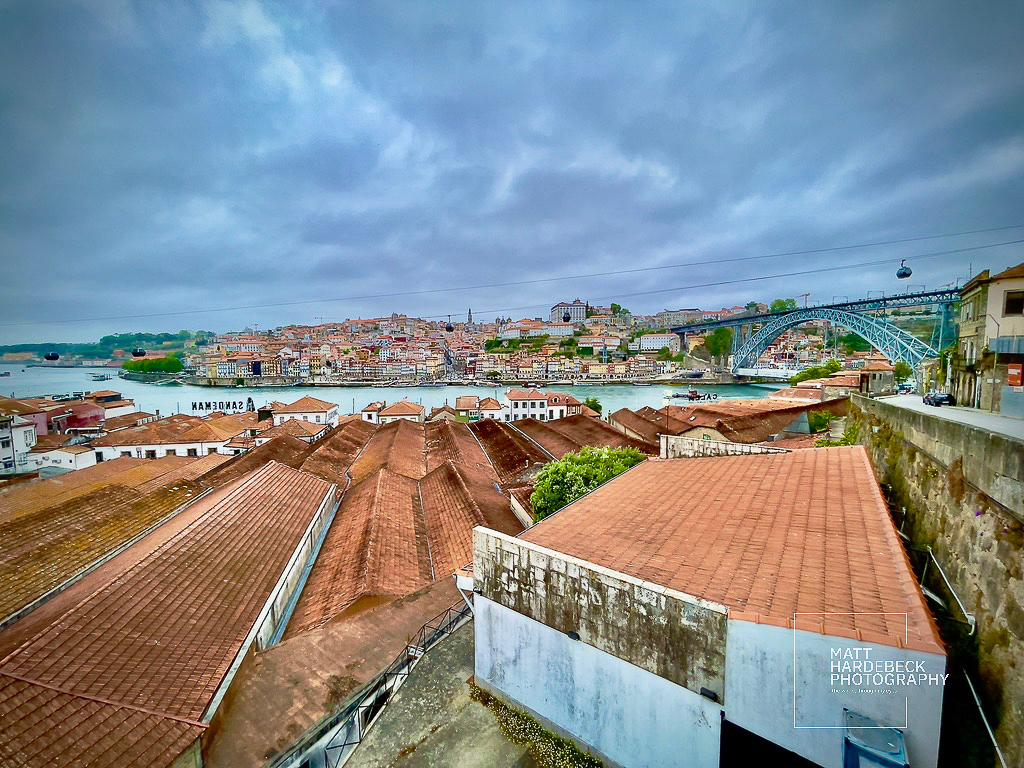 Overlook of Porto’s historic Ribeira district with terracotta rooftops and the Dom Luís I Bridge crossing the Douro River.